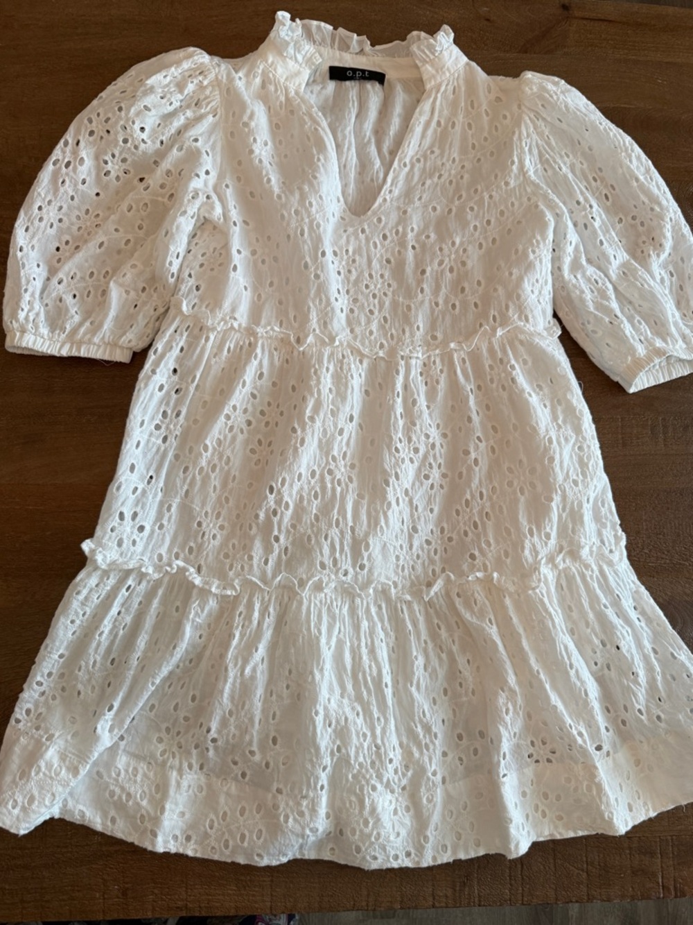O.P.I. White Eyelet Tiered Casual Dress with Puff Sleeves